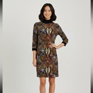 Zara Paisley Print Dress 3/4 Sleeve Mock Neck Black Wool Trim Size S